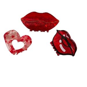 Set of 3 Red Lip & Heart Hair Clips